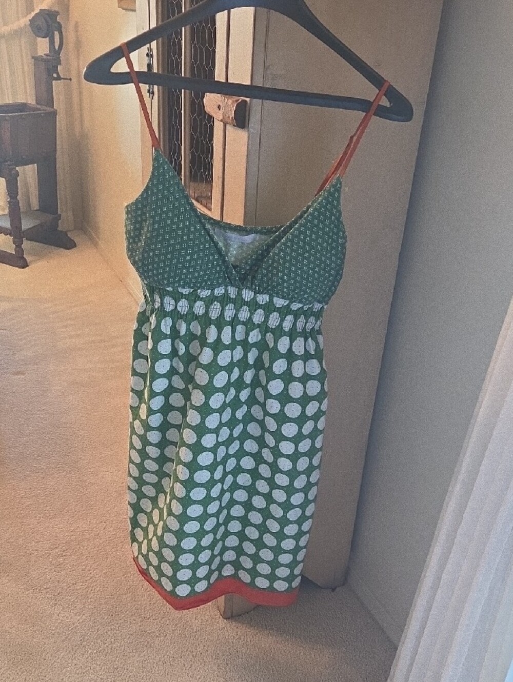 Charlotte Russe Green and White Polka Dot Mini Dress with Red Trim